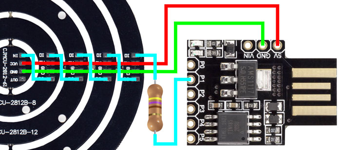 WS2812 NeoPixel Ring Connected to ATTiny85 - Close-Up Showing Series Resistor