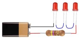 Three LEDs in Series with Dropping Resistor and Battery (1200x600)