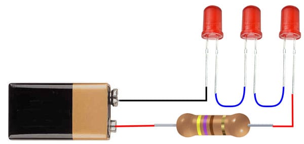 Three LEDs in Series with Dropping Resistor and Battery