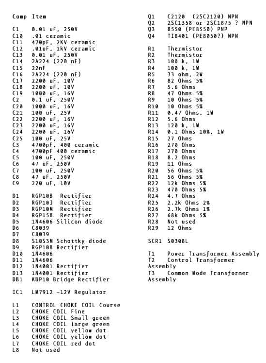 TRS-80 Model 4 ASTEC Power Supply Parts List